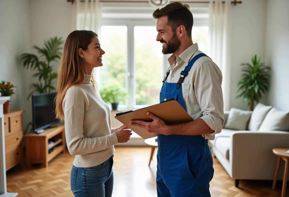 Femme souriante avec un professionnel du bricolage dans un salon lumineux