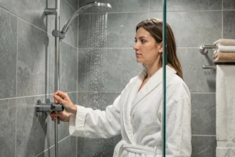 Femme ajustant le robinet d'une douche moderne avec pommeau de tête, illustrant la consommation d'eau quotidienne sous la douche