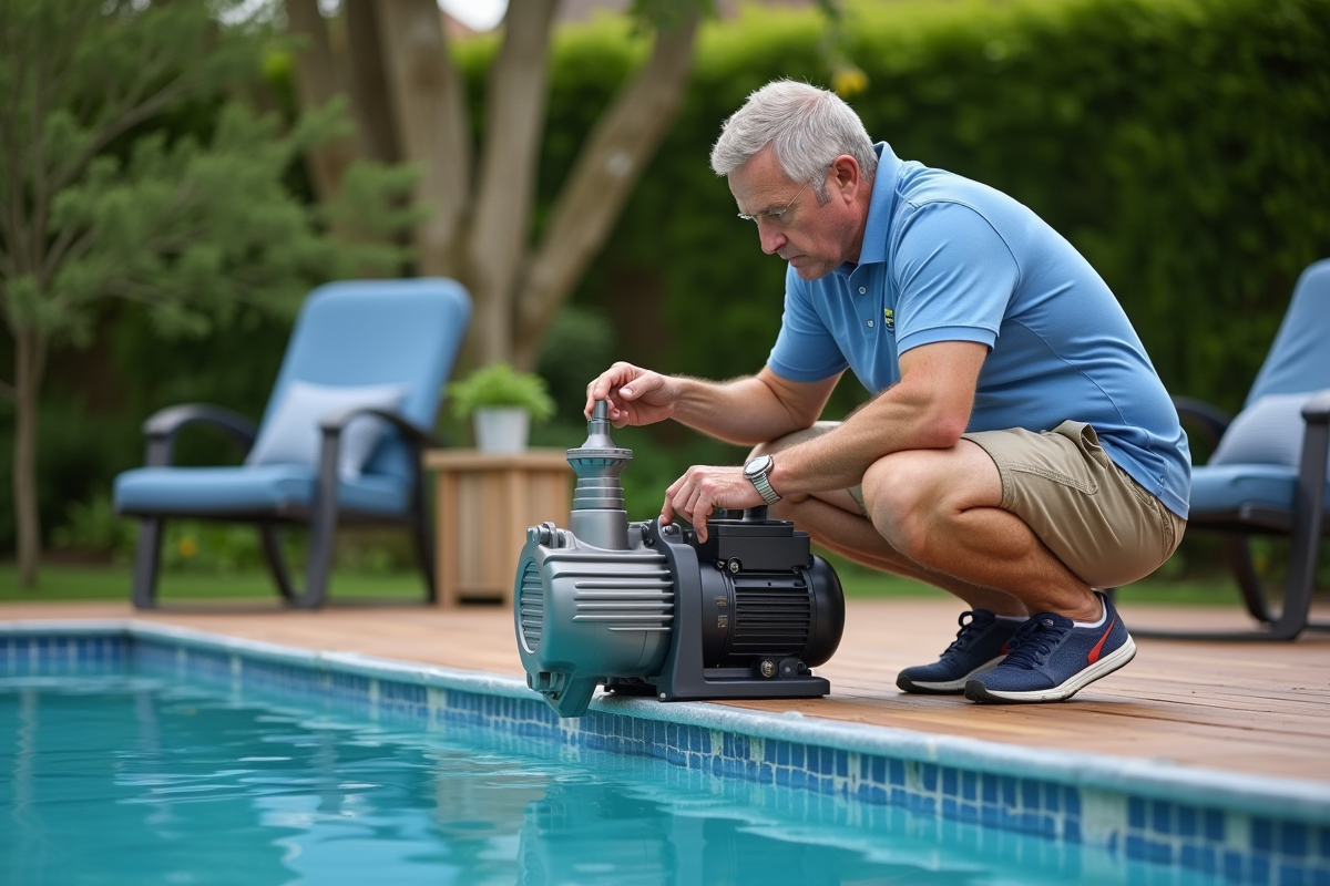 Homme vérifiant la pompe de piscine dans un jardin