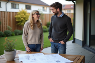Femme et jeune homme discutent sur terrasse en bois