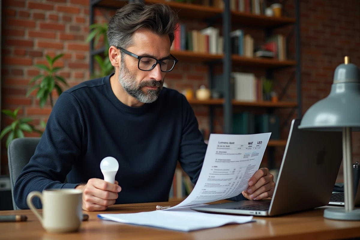 Homme consultant un tableau de conversion lumens watts dans un bureau à domicile avec une ampoule LED à la main