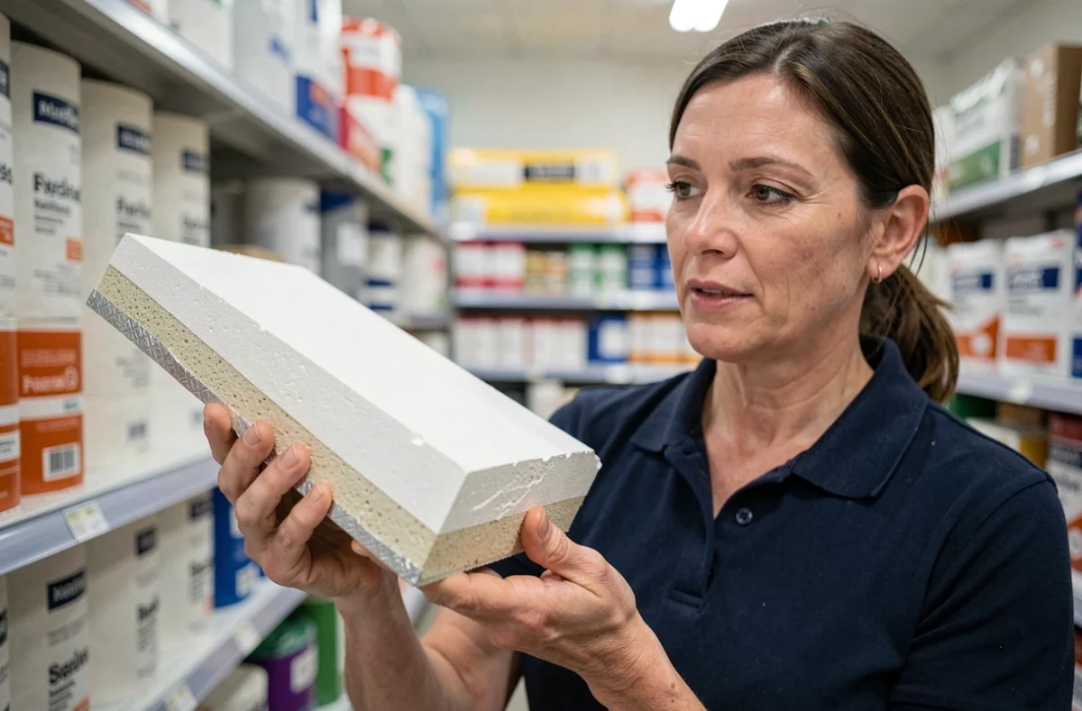 Coupe transversale d'un panneau de placo isolant tenu par une professionnelle en magasin de bricolage