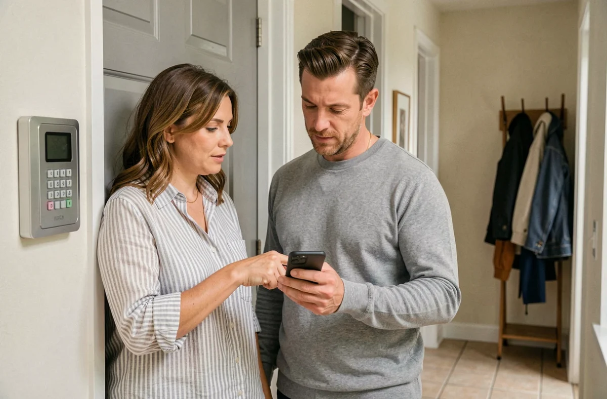 Couple évaluant l'application de leur système d'alarme connecté près de la porte d'entrée de leur maison
