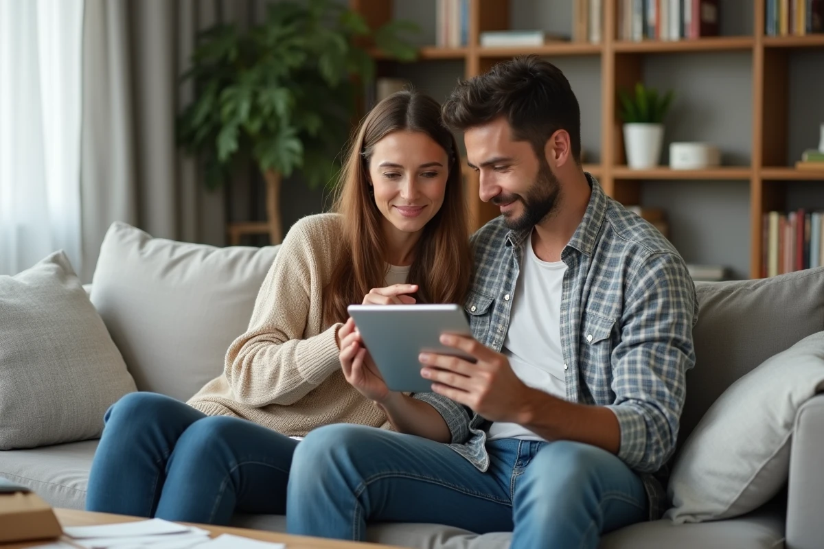 Couple consultant une application de gestion d'alarme connectée sur tablette dans leur salon, représentant les erreurs fréquentes des nouveaux abonnés à une alarme Verisure