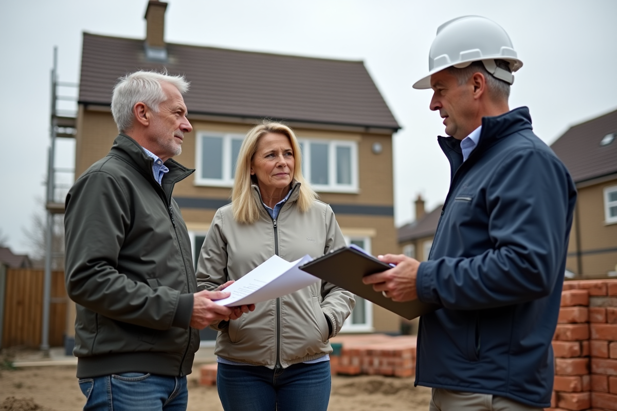 Couple avec architecte devant extension en construction