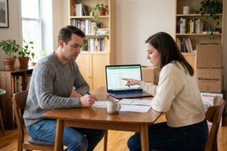 Jeune couple dans la cuisine regardant des papiers et un ordinateur