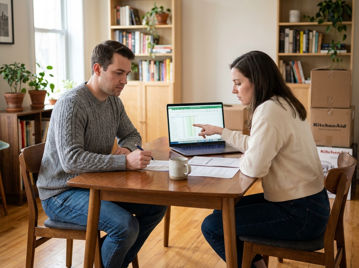 Jeune couple dans la cuisine regardant des papiers et un ordinateur