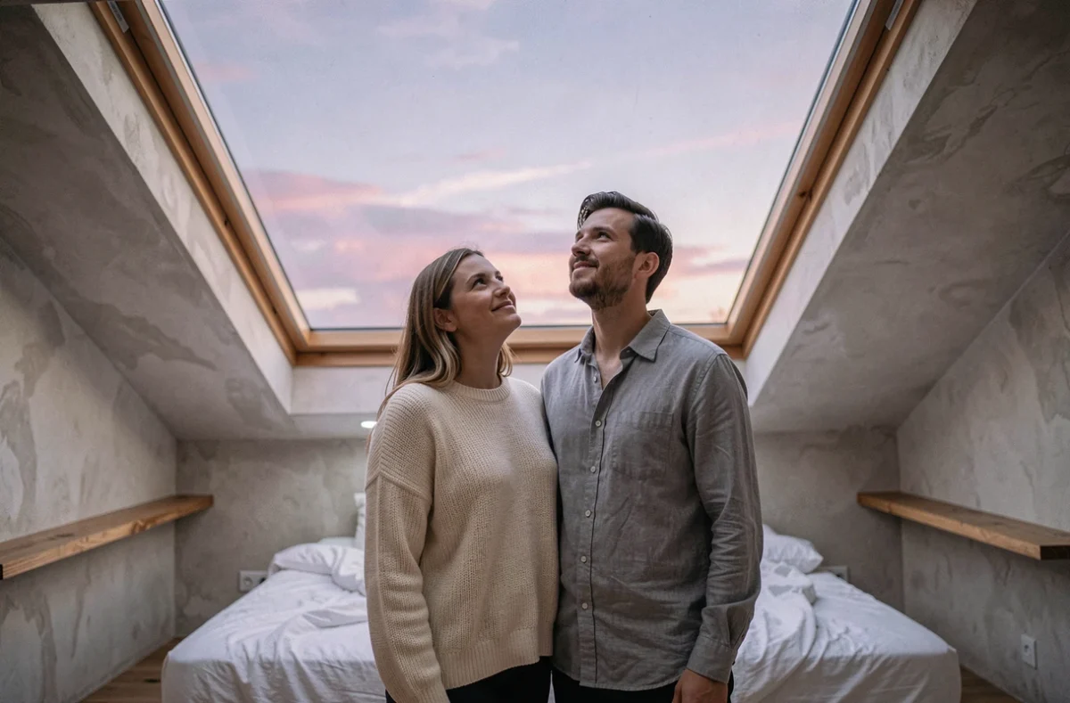 Couple admirant une grande fenêtre de toit panoramique dans une chambre sous combles avec ciel du soir visible