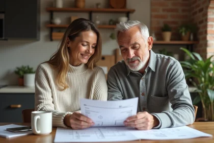 Couple d'âge moyen discutant de rénovation dans une cuisine moderne