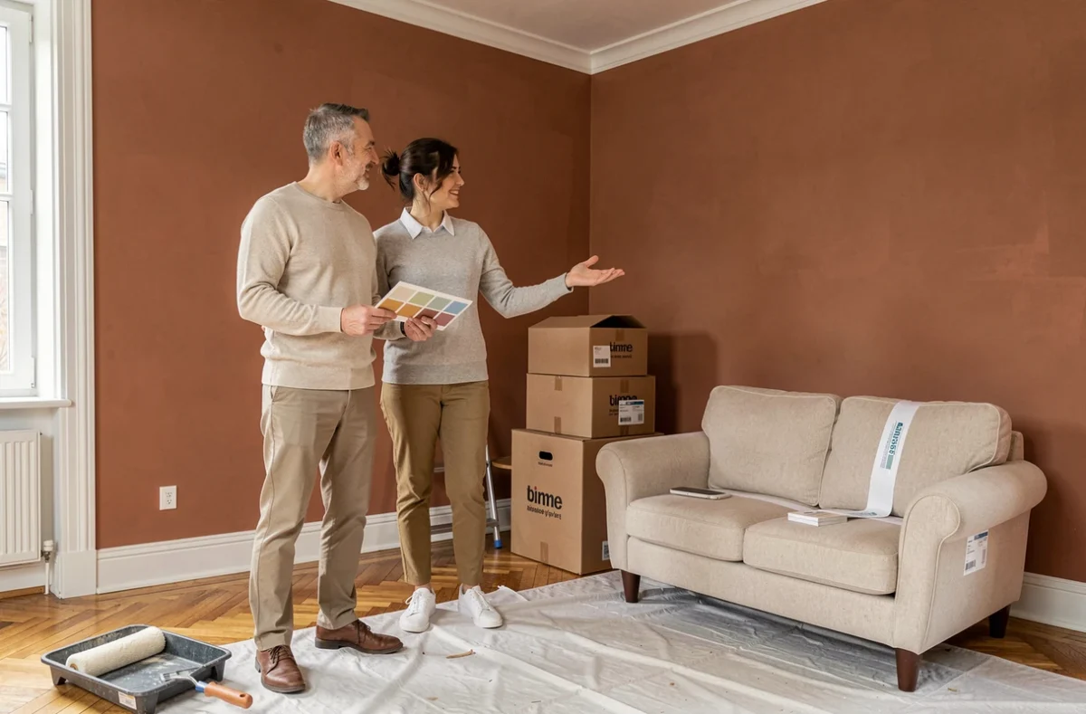 Couple rénovant leur salon avec peinture terracotta et nouveaux meubles, projet d'aménagement intérieur maison