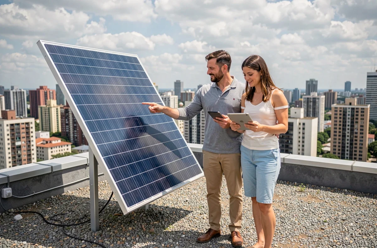 Couple sur une terrasse urbaine évaluant la rentabilité de leur installation solaire plug and play