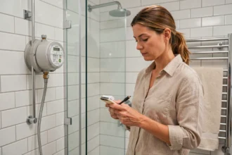 Femme calculant le coût de sa consommation d'eau sous la douche dans une salle de bain moderne