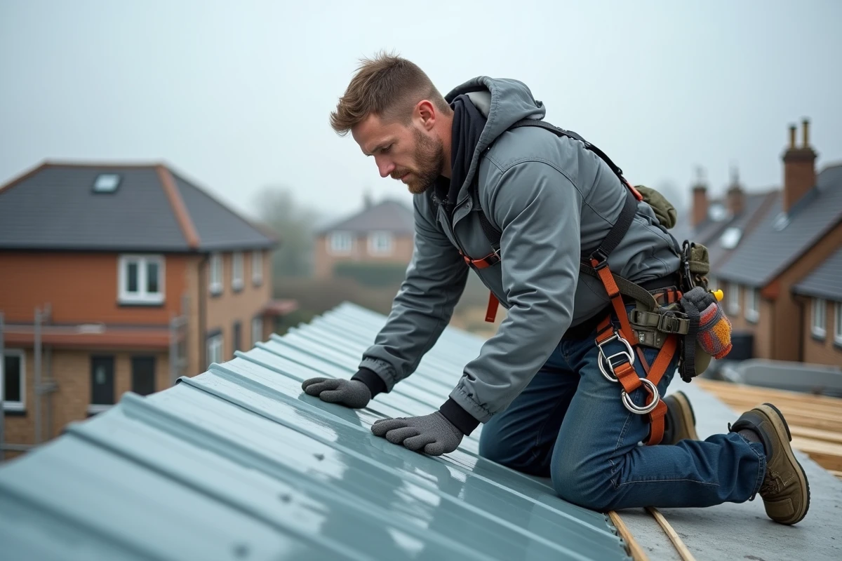 Couvreur professionnel installant des plaques de bac acier imitation zinc sur un toit en pente lors d'un chantier de rénovation