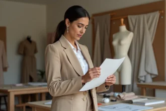 Créatrice de mode dans un atelier de haute couture en 2026, entourée de croquis et de tissus, évoquant le retour de la maison Éthier