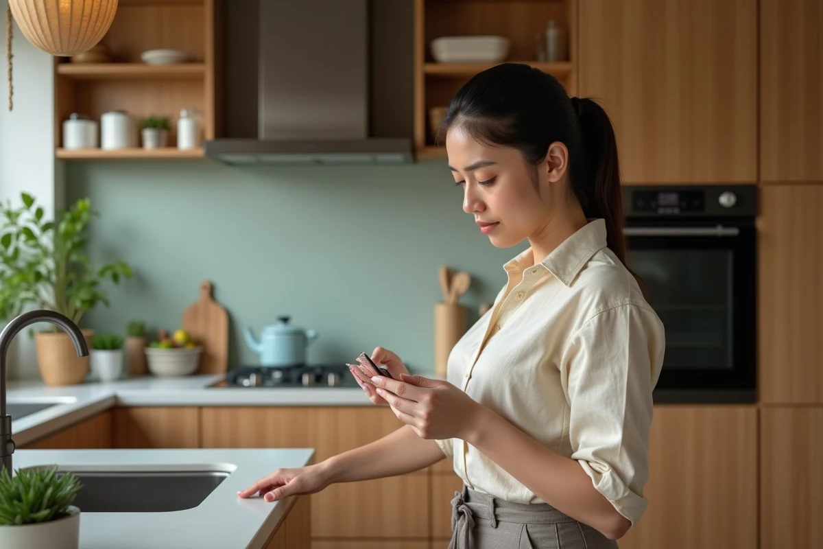 Femme dans une cuisine écologique avec armoires en bambou et comptoirs en verre recyclé, illustrant les choix durables pour une maison éco-responsable
