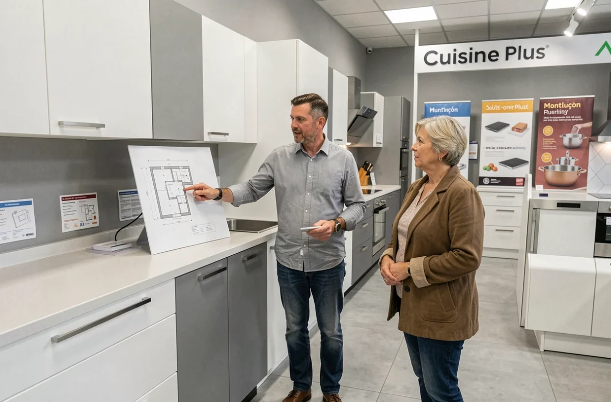 Vendeur Cuisine Plus Montluçon expliquant un plan de cuisine à une cliente dans leur showroom de l'Allier