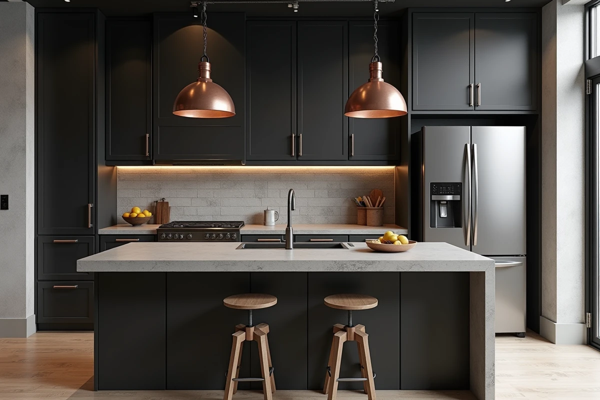 Cuisine industrielle avec armoires noires, tuyauterie apparente en acier et plan de travail en béton