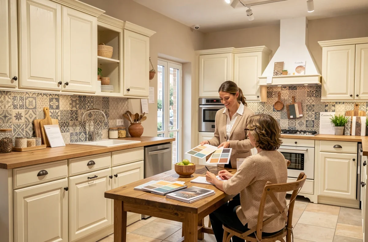 Showroom Cuisinella Moulins avec une conseillère présentant des échantillons de couleurs à une cliente