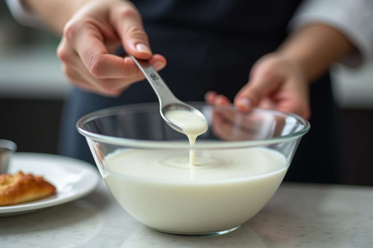 Cuisinier verse du lait avec cuillère mesure en cuisine