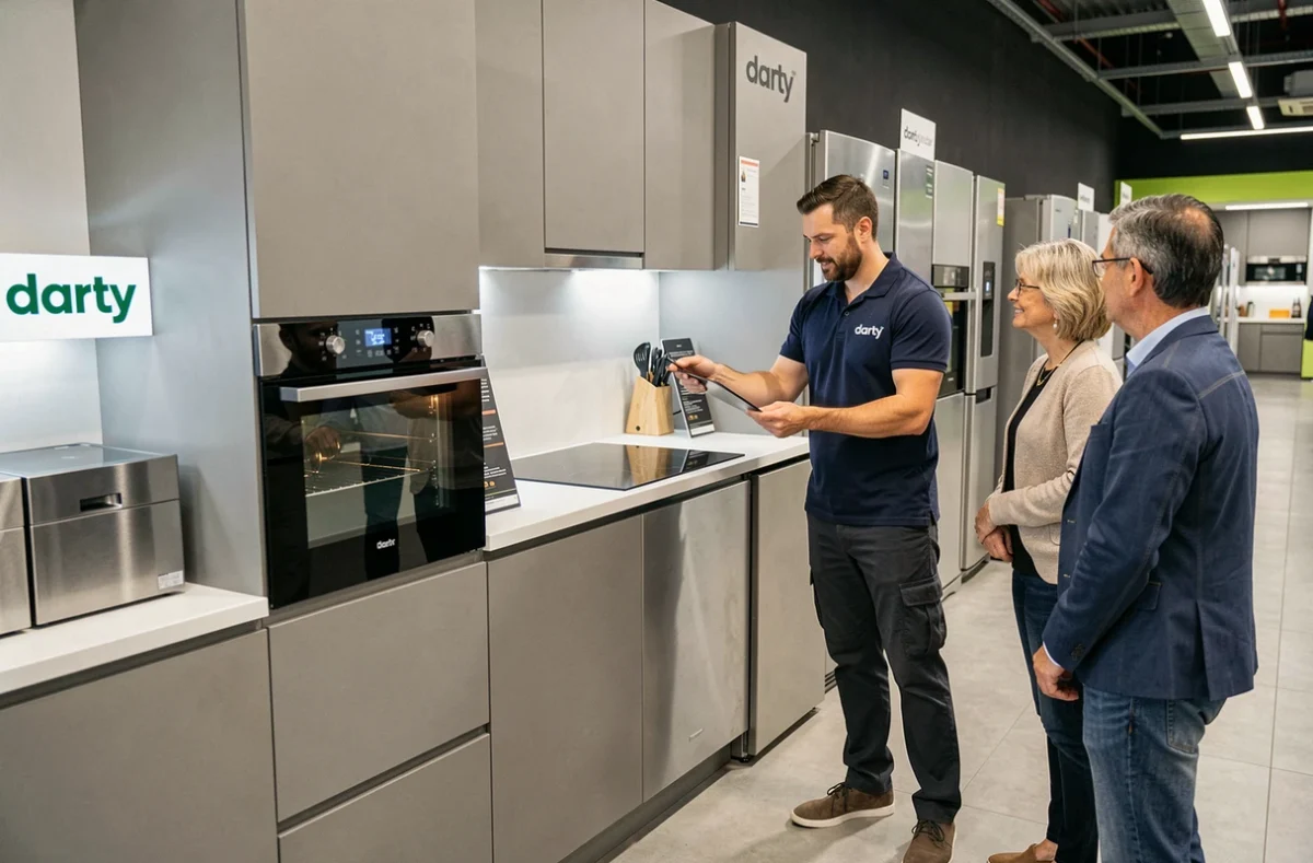 Section cuisine du Darty Montluçon avec un technicien présentant des appareils intégrés à un couple de clients