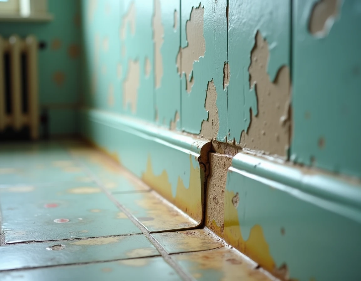 Dégâts d'humidité sur une cloison demi-hauteur mal étanchéifiée dans une ancienne salle de bains