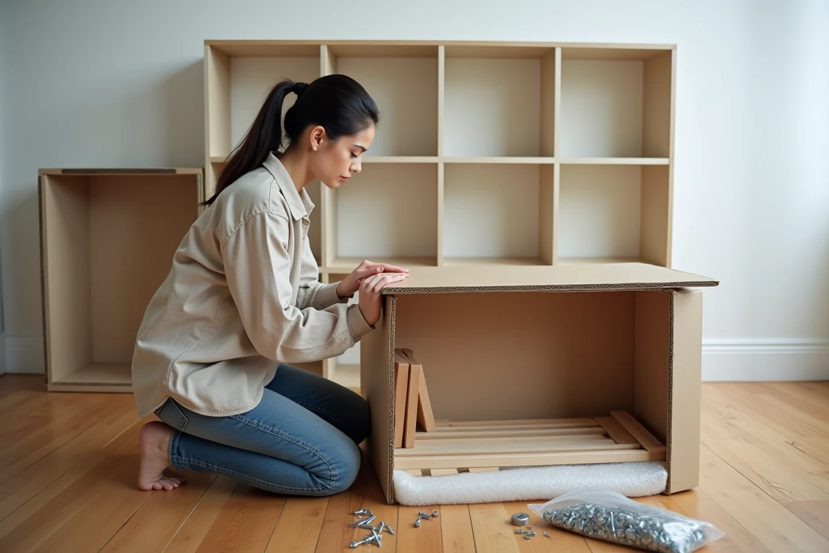 Femme démontant et emballant les étagères d'une bibliothèque dans des cartons avec du papier bulle pour un déménagement en véhicule particulier