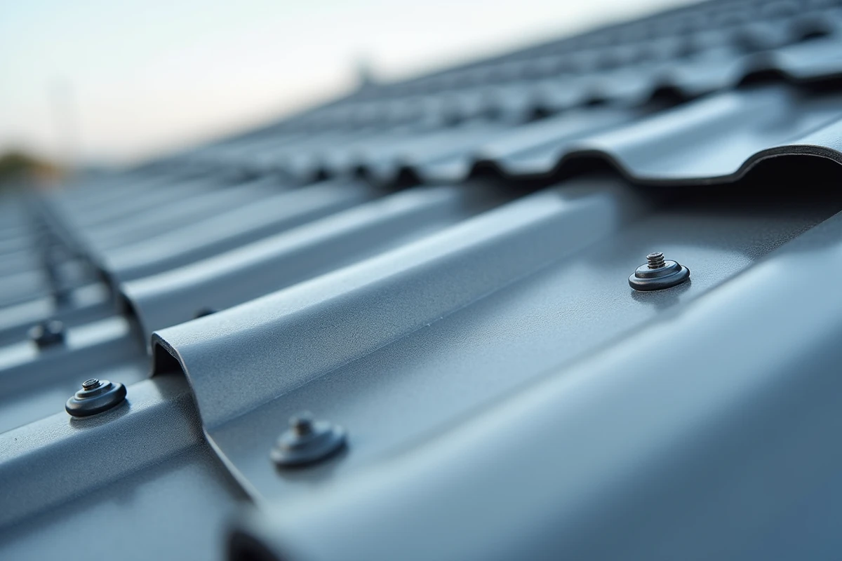 Détail en gros plan des panneaux de bac acier imitation zinc avec joints et visserie apparents, texture métallique gris mat