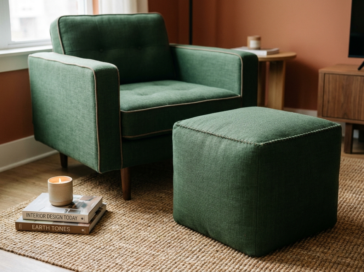 Détail du tissu lin vert forêt d'un fauteuil et pouf assortis avec finitions soignées sur tapis jute