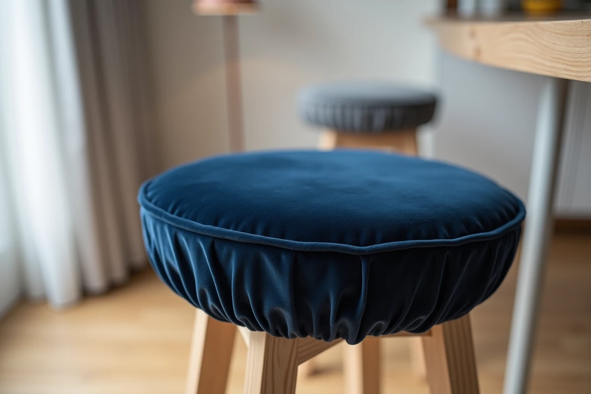 Détail d'une housse de tabouret de bar en velours bleu marine ajustée sur un tabouret en bois dans un logement Airbnb