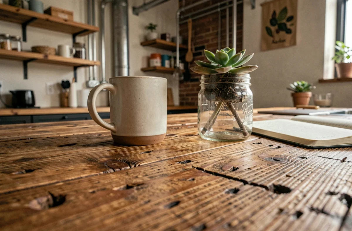 Gros plan sur la surface en bois recyclé d'une table bar avec détails de texture et accessoires naturels