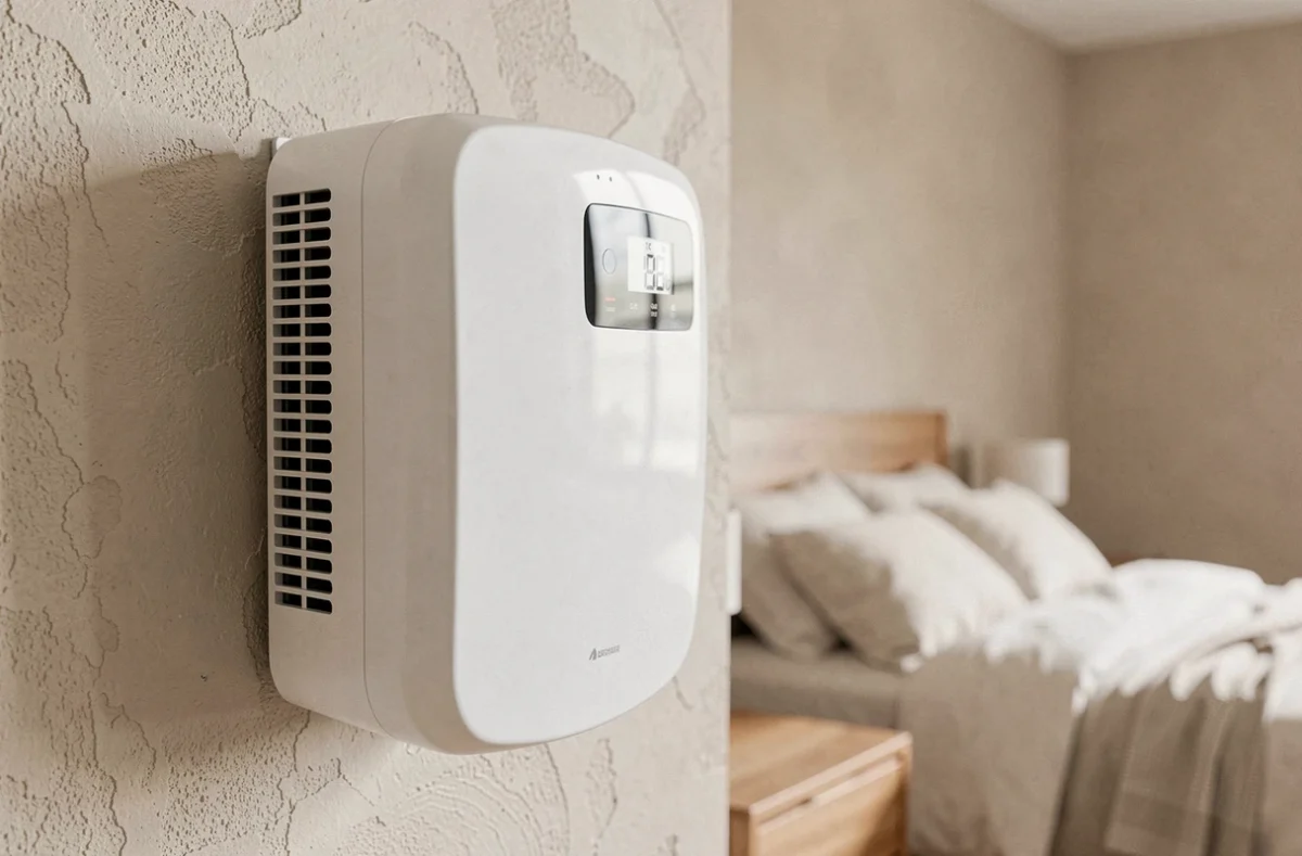 Détail de l'unité intérieure d'une pompe à chaleur air-air avec affichage de la température dans une chambre