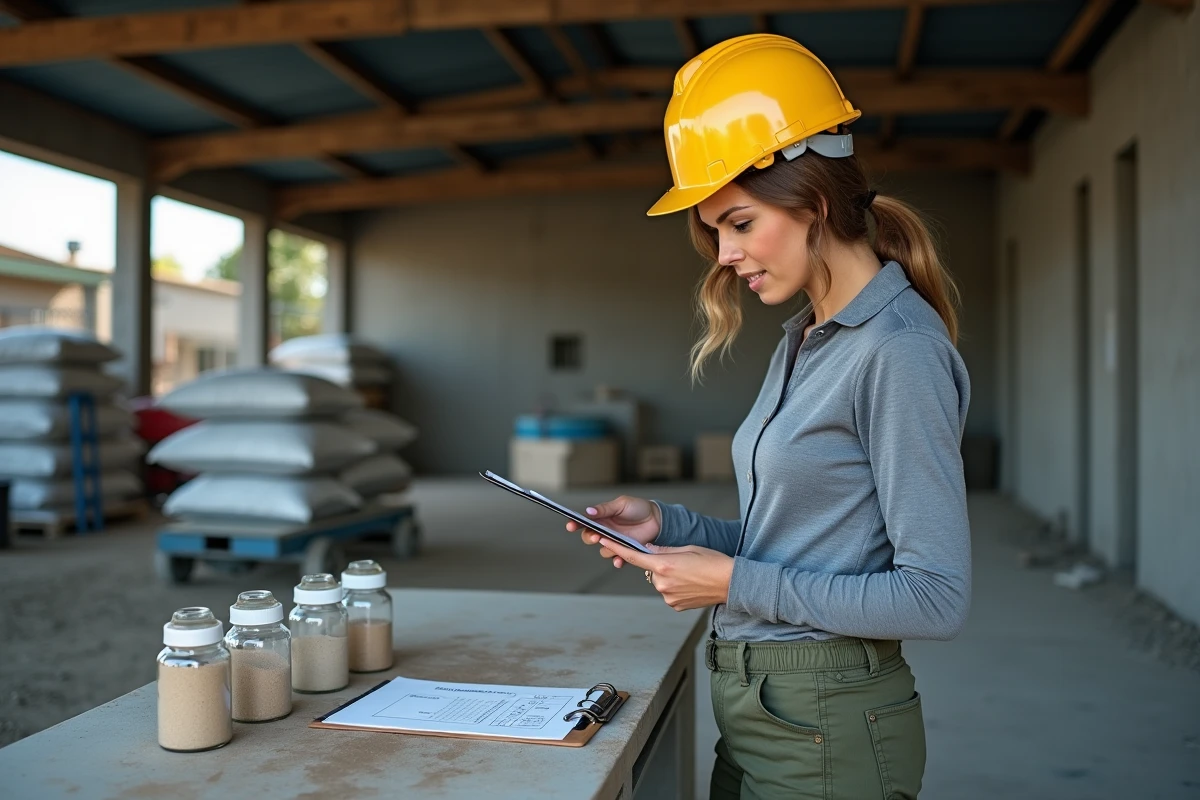 Femme contremaître consultant un tableau de dosage béton selon l'humidité du sable sur un chantier