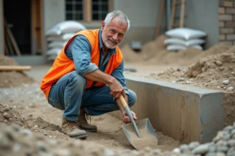 Ouvrier dosant le béton à la pelle avec du sable humide sur un chantier de construction