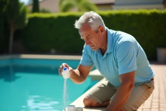 Homme mesurant précisément la dose de chlore choc en granulés au bord d'une piscine extérieure
