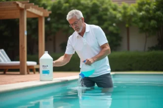 Homme versant de l'eau de javel dosée dans une piscine de 50 m3 dans un jardin