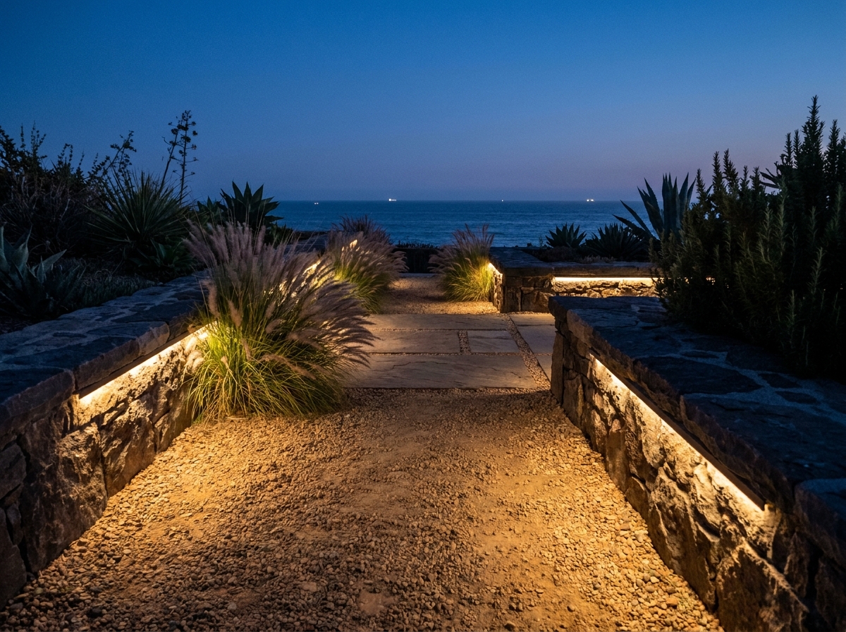 Éclairage LED indirect encastré dans les murets et joints de dalles d'un jardin zen côtier au crépuscule