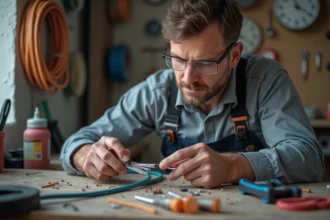 Électricien dénudant un câble téléphonique pour identifier les fils gris, blanc et bleu avant raccordement