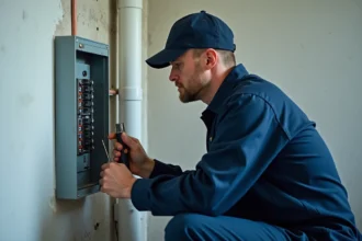 Électricien inspectant un tableau électrique avec disjoncteurs différentiels dans un logement locatif