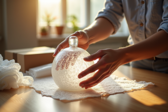 Main enveloppant un vase fragile dans du papier bulle pour l'emballage