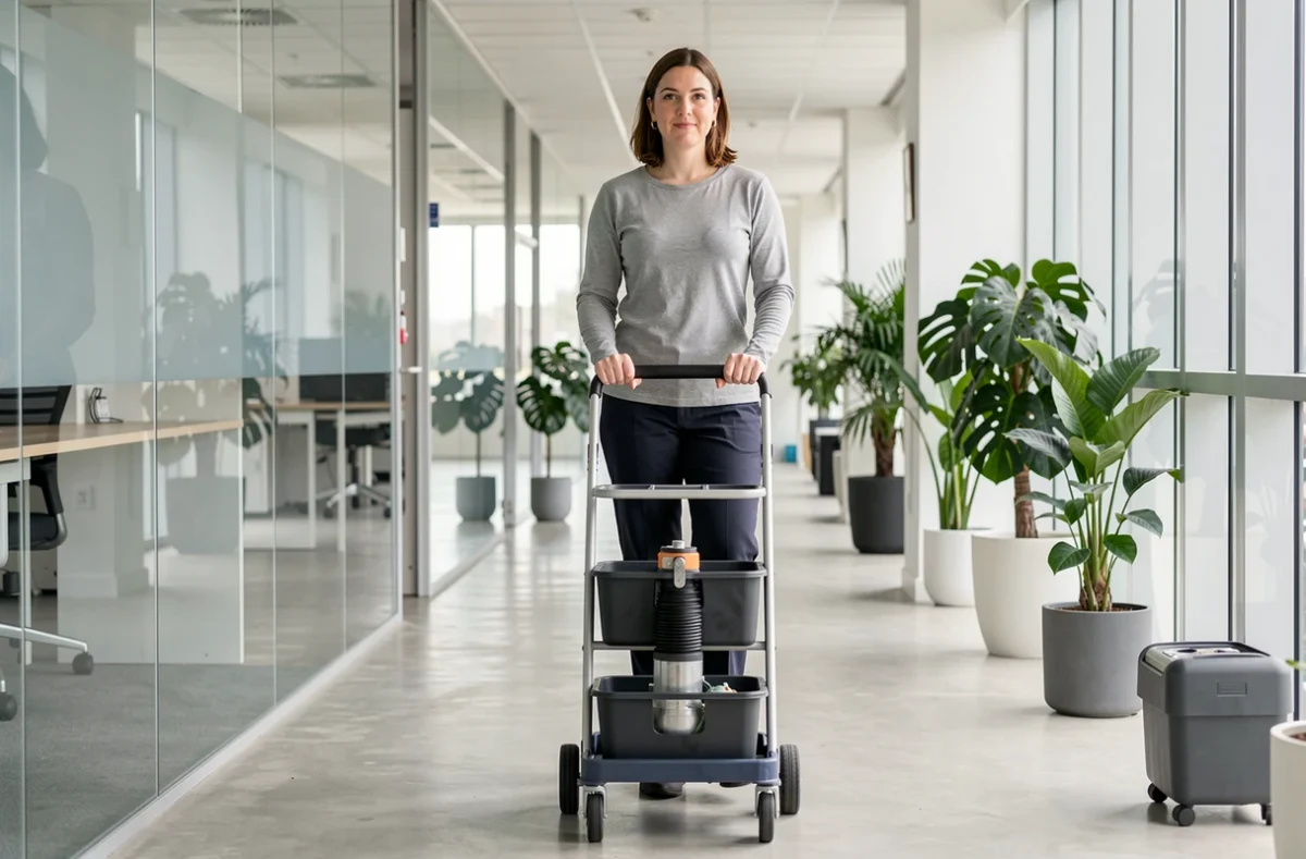 Employée de maison en tenue civile poussant un chariot de nettoyage dans un couloir de bureau