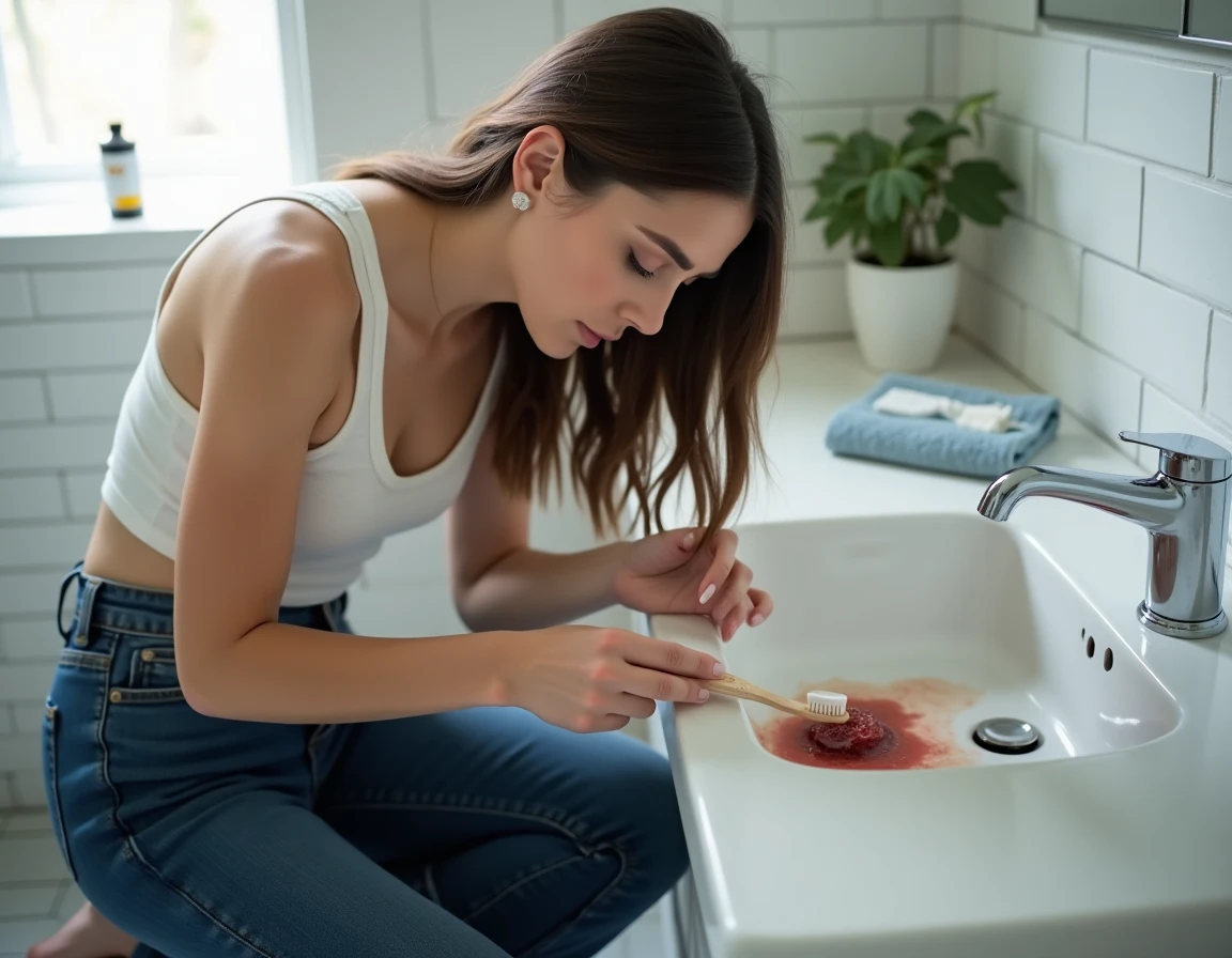 Femme appliquant un détachant sur une tache de fruit ancienne sur un jean foncé au-dessus d'un évier de salle de bain