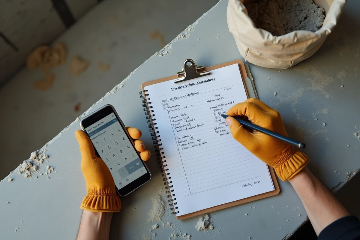 Gros plan sur les mains d'un entrepreneur utilisant une application mobile pour estimer le budget béton en m3