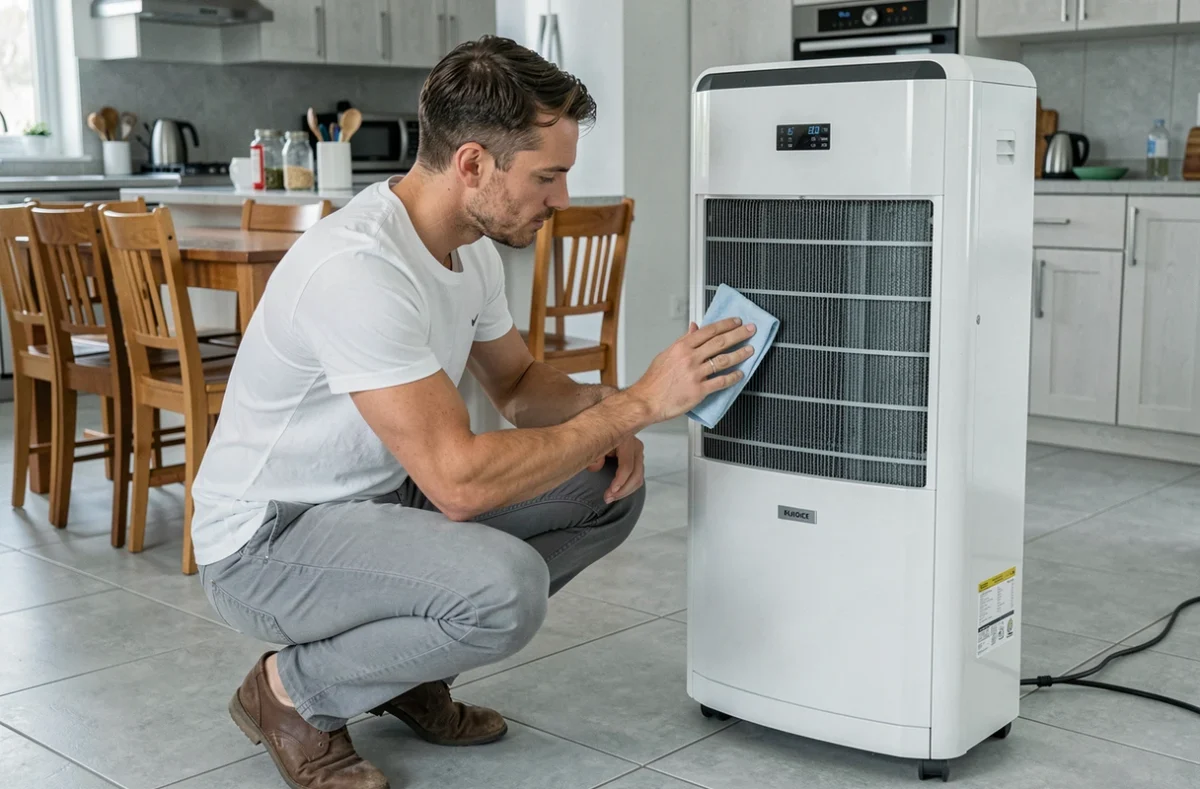 Homme entretenant le filtre d'une pompe à chaleur air-air dans une cuisine ouverte