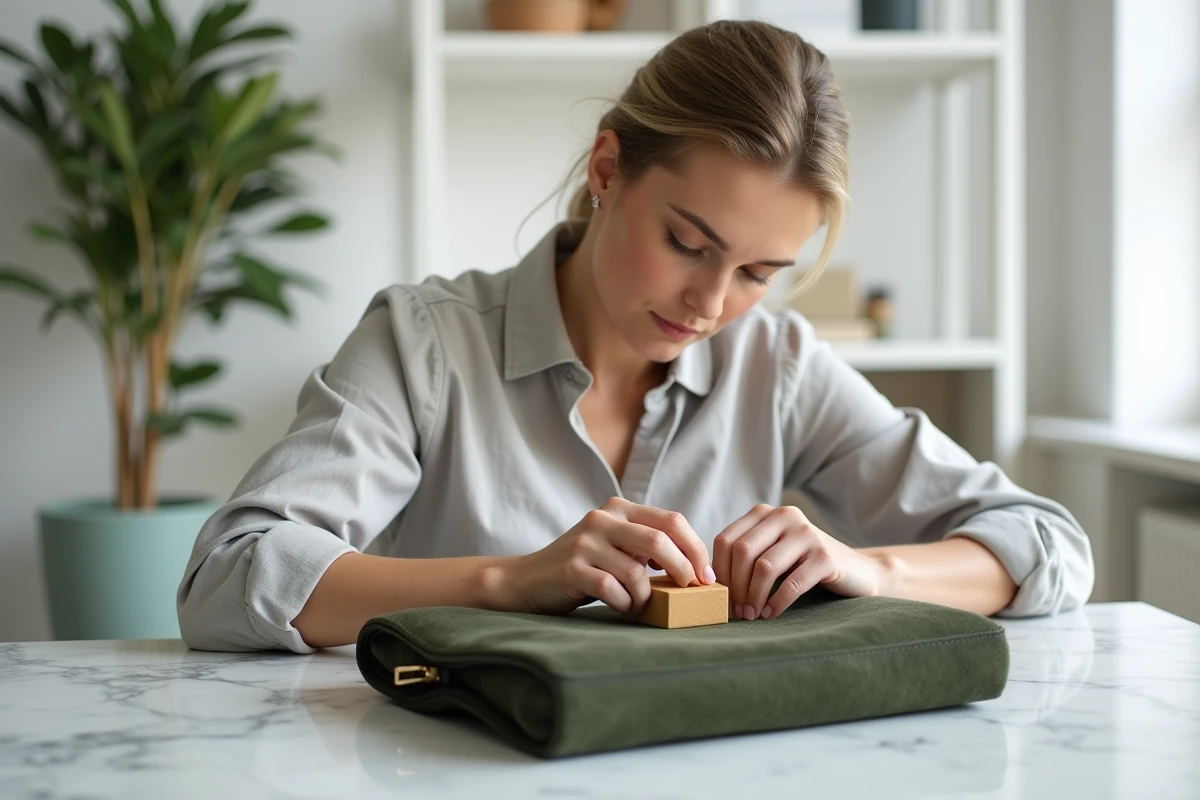 Femme entretenant un sac à main en daim vert olive avec une gomme à nubuck à son bureau