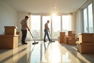 Equipe de nettoyage professionnel dans un appartement vide