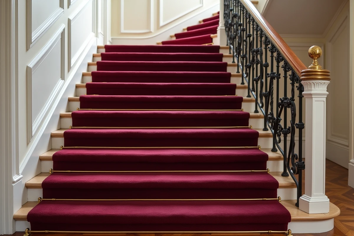 Escalier haussmannien avec moquette bordeaux en laine et tringles laiton sur chaque marche, nez de marche intégrés dans un intérieur classique parisien