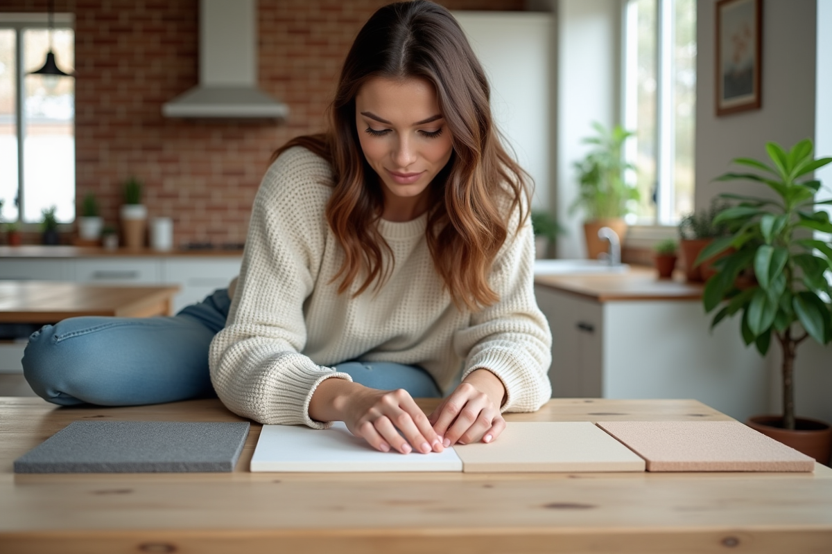 Jeune femme examinant des echantillons d isolation dans la cuisine