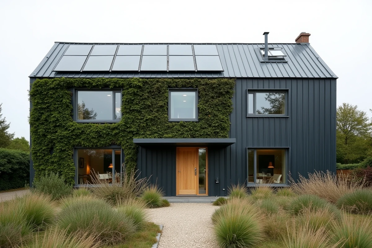 Façade extérieure d'une maison éco-responsable avec mur végétal, panneaux solaires intégrés et jardin en plantes natives en 2026