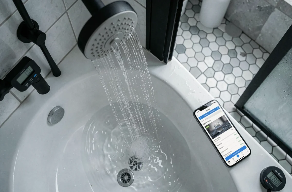 Pomme de douche avec eau courante et application de facture d'eau sur smartphone pour estimer le coût annuel