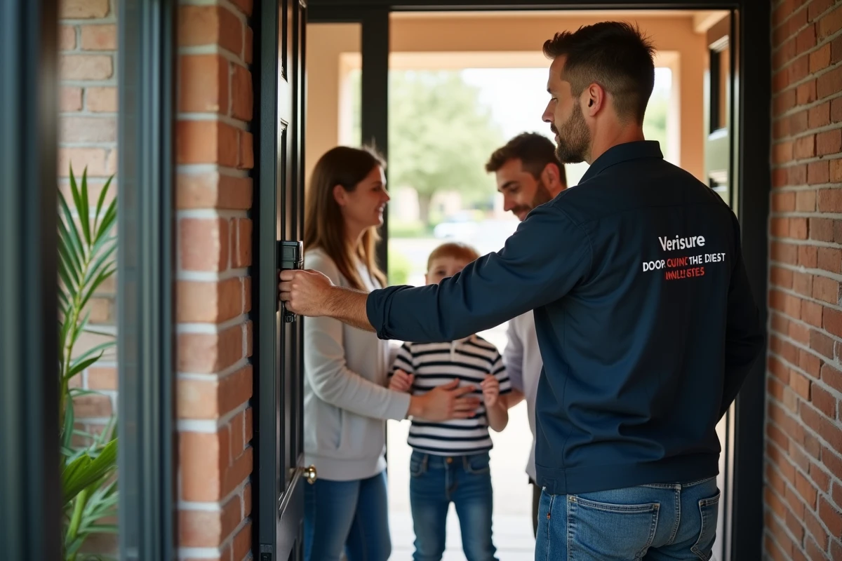 Famille avec jeune enfant assistant à l'installation d'un système de télésurveillance Verisure sur la porte d'entrée de leur maison